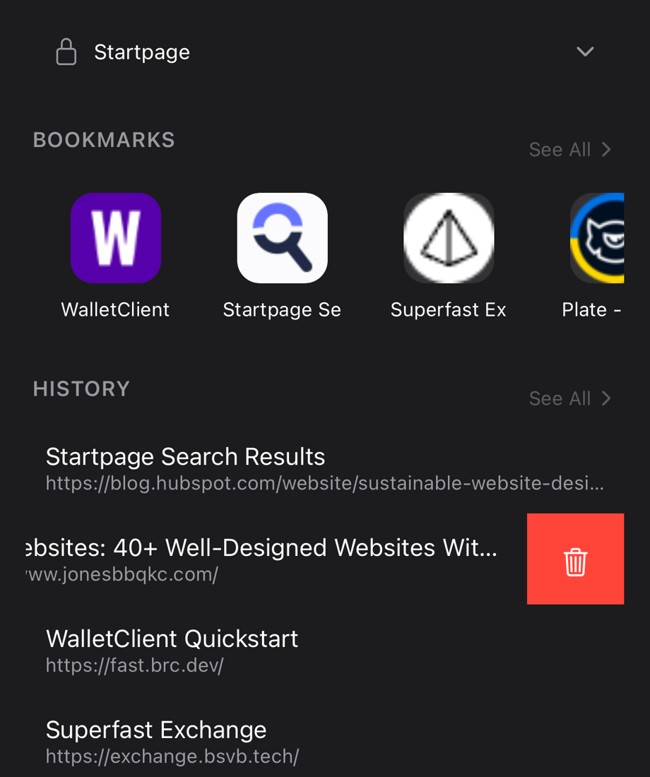 Full bookmarks list with swipe to delete
