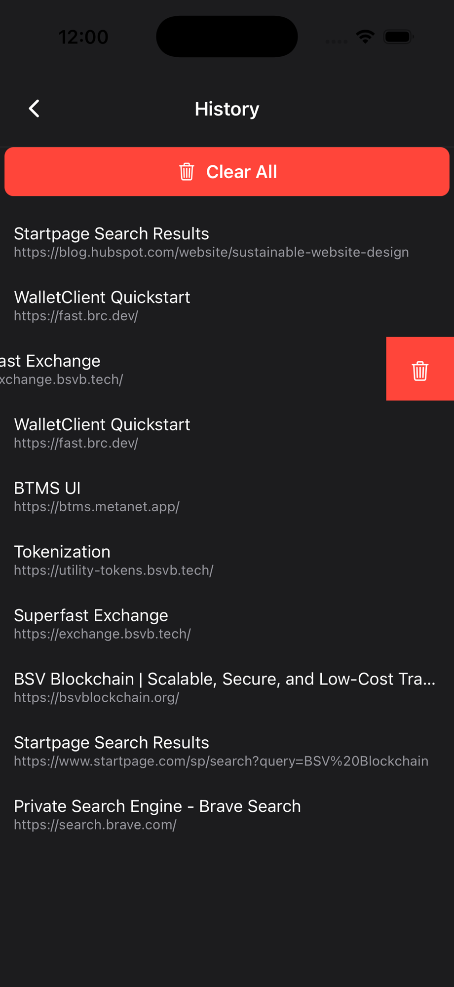 History list with swipe to delete