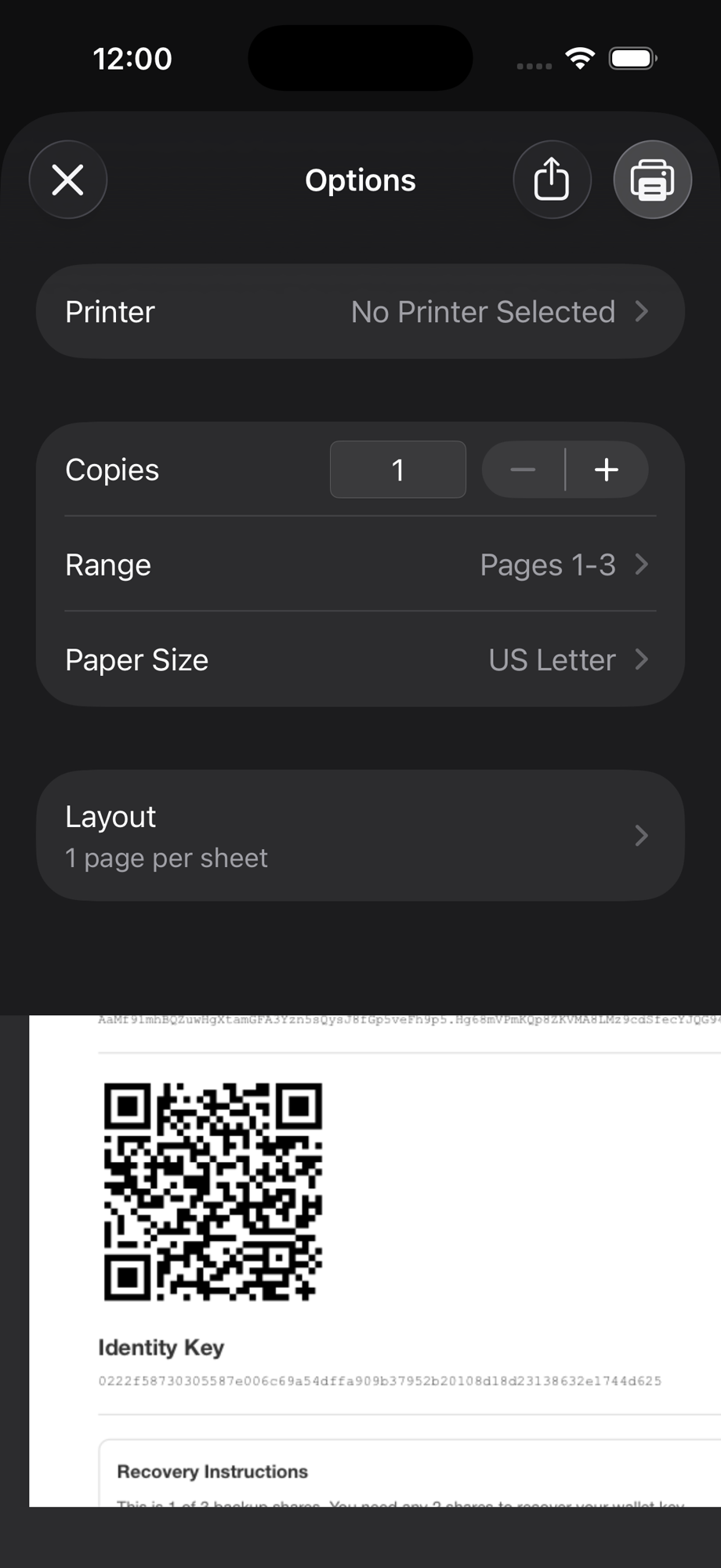 Printed recovery share page with QR code and share text