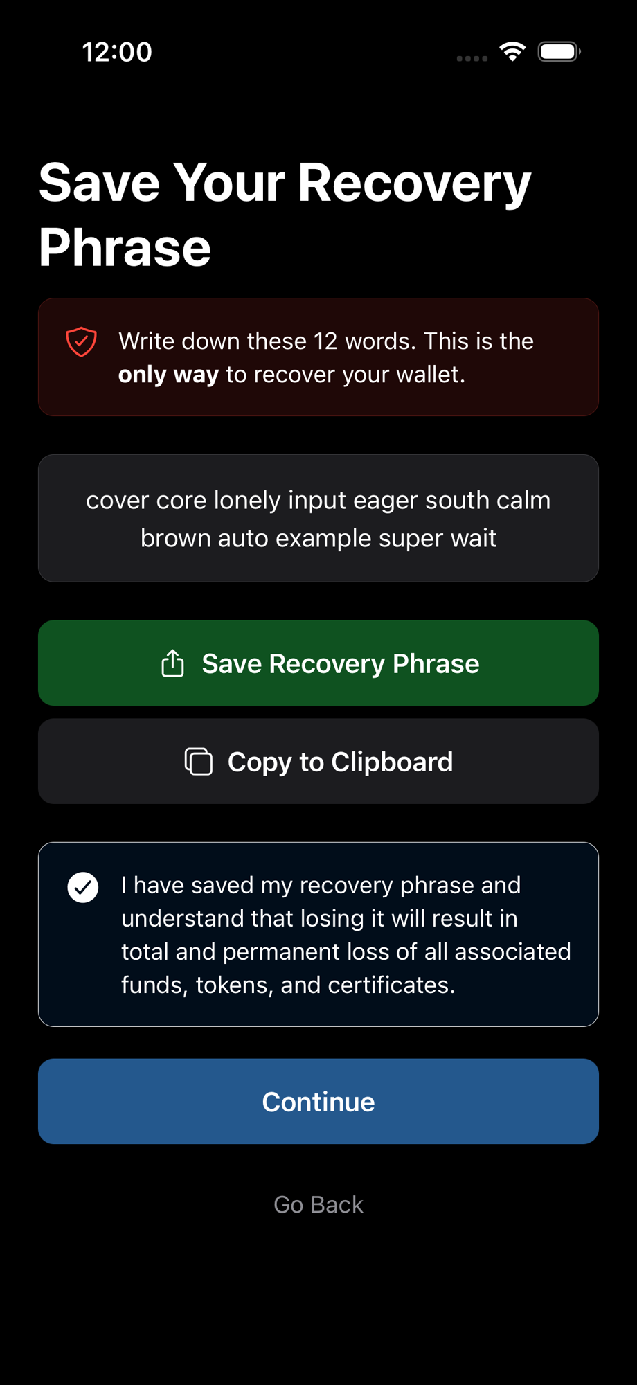 Recovery phrase screen with Save and Copy options