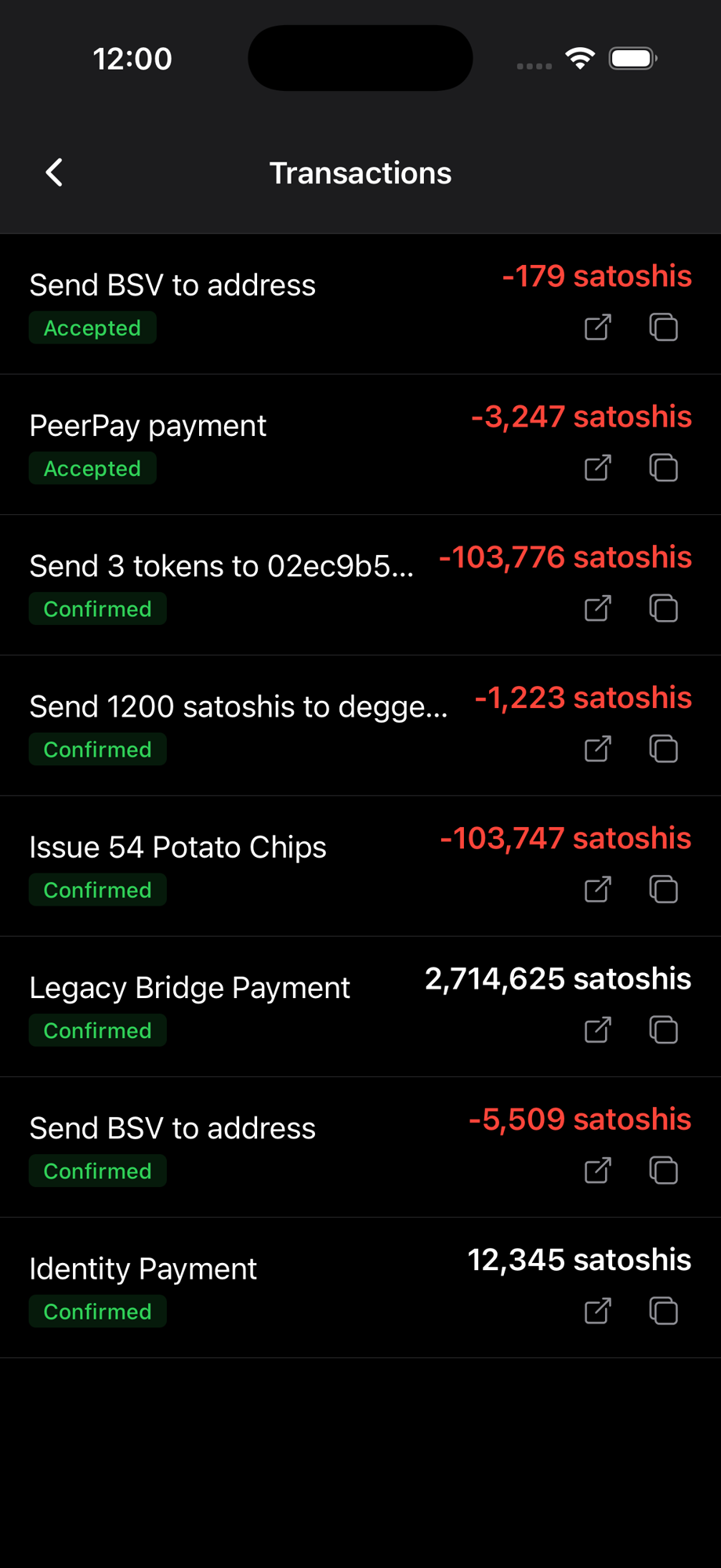 Transaction history with colour-coded status badges