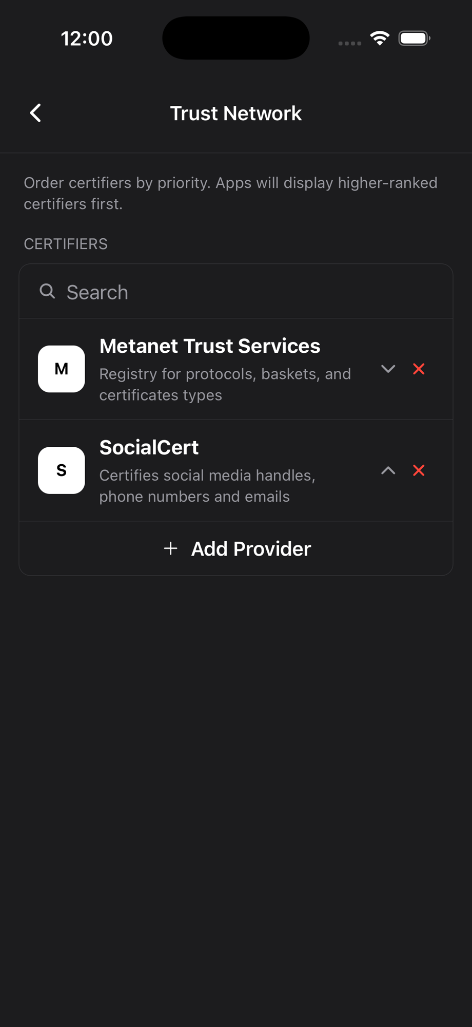 Trust network screen showing list of trusted certifiers