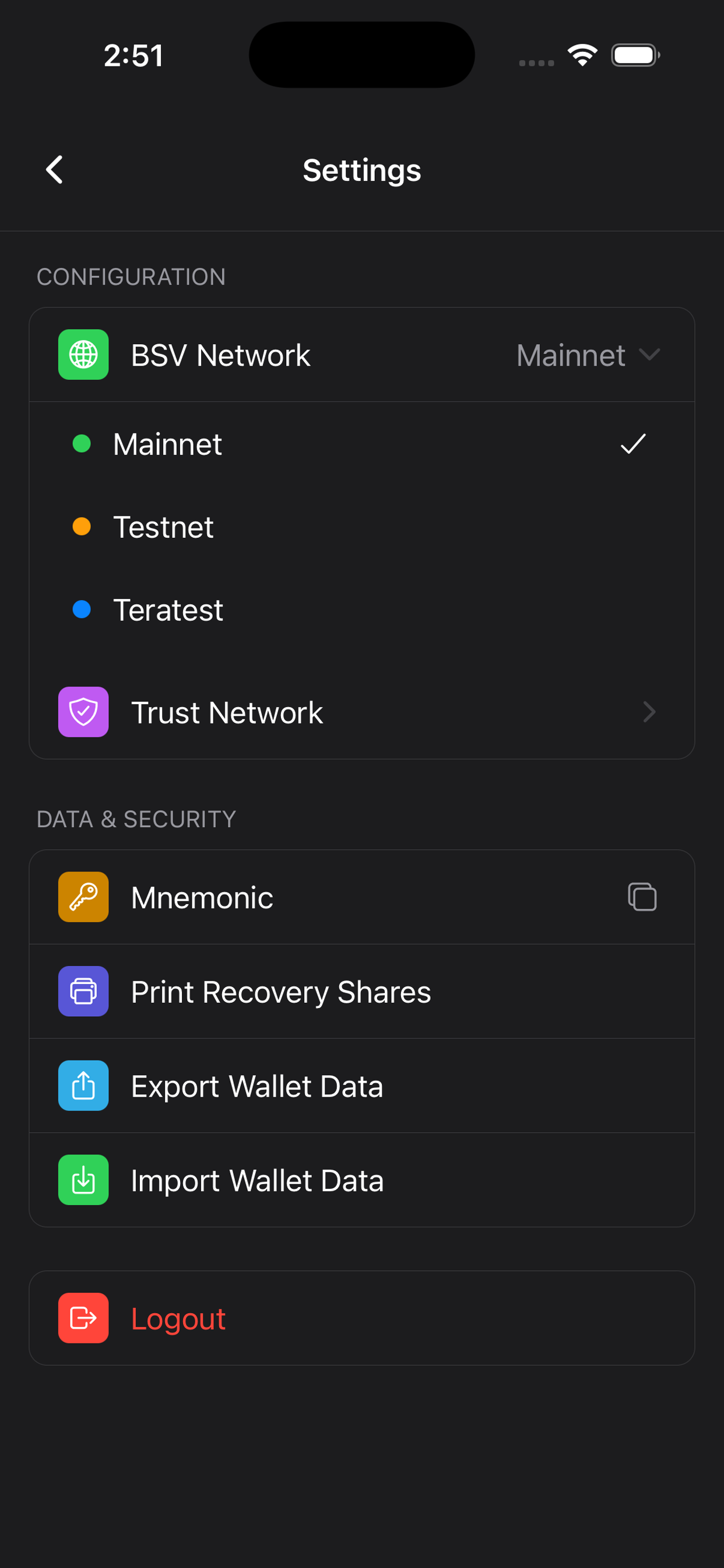 Wallet configuration screen with network, recovery, and export options